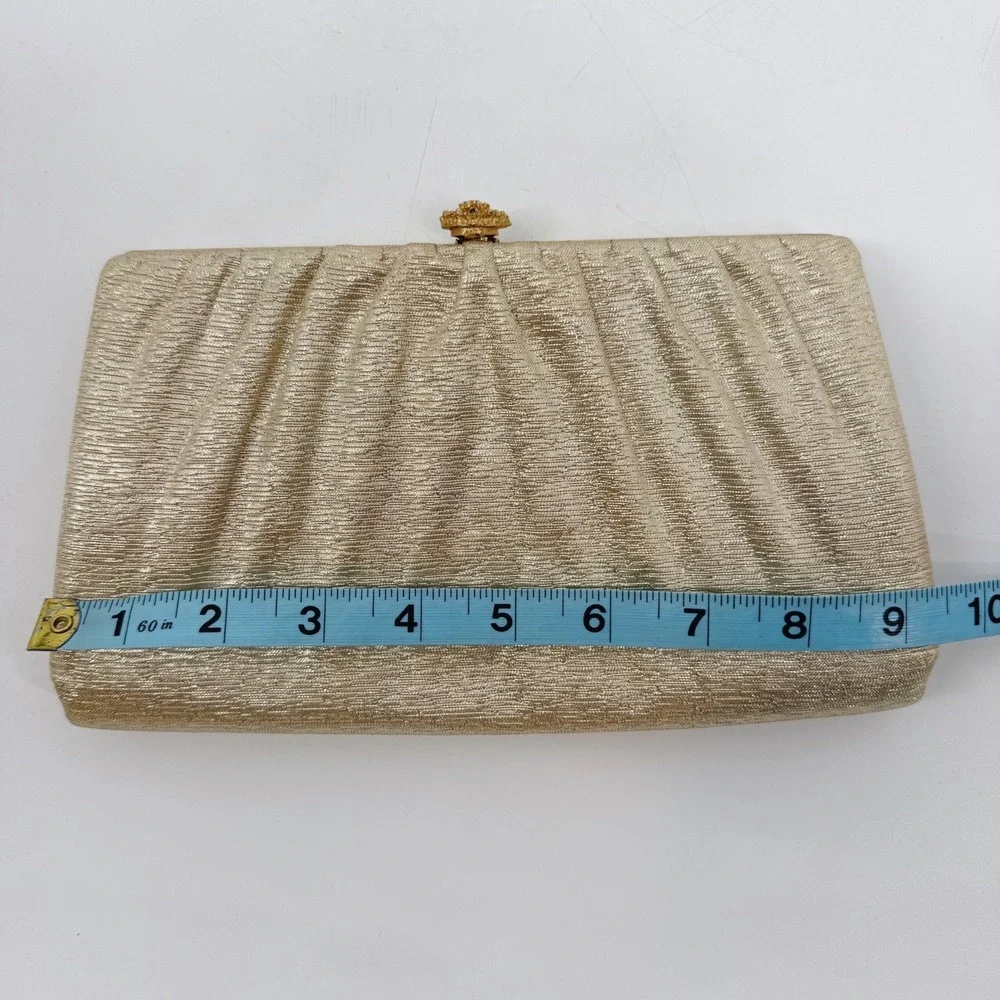 Vintage Gold Metallic‎ Pleated Evening Clutch Bag Rhinestone Clasp Chain Strap